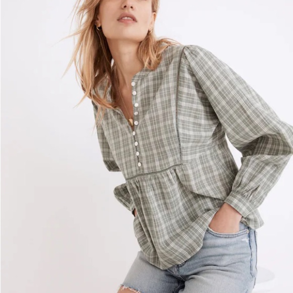 Madewell Plaid Bubble-Sleeve Peplum Top